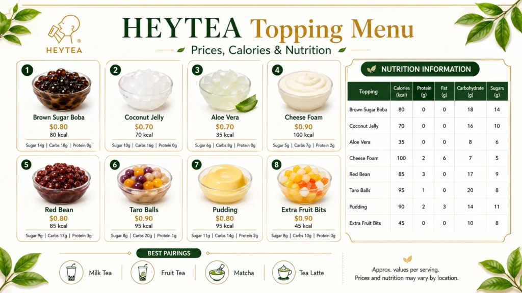 heytea topping menu with price